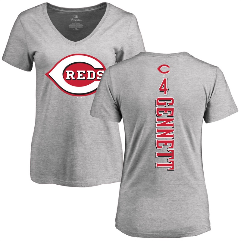 Women Cincinnati Reds Scooter Gennett Slim Fit Backer #4 Gray Name & Number T-Shirt