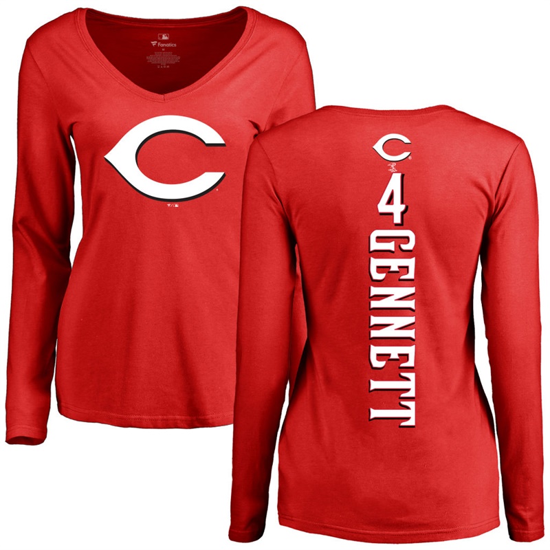 Women Cincinnati Reds Scooter Gennett Long Sleeve Backer Slim Fit #4 Red Name & Number T-Shirt