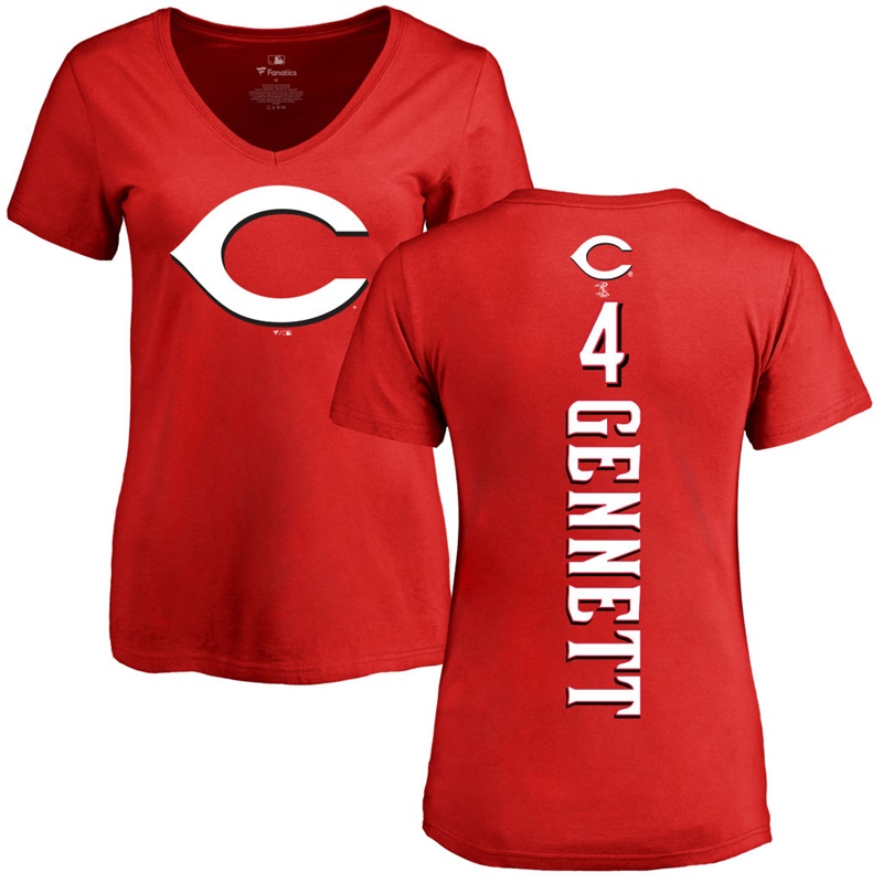 Women Cincinnati Reds Scooter Gennett Slim Fit Backer #4 Red Name & Number T-Shirt