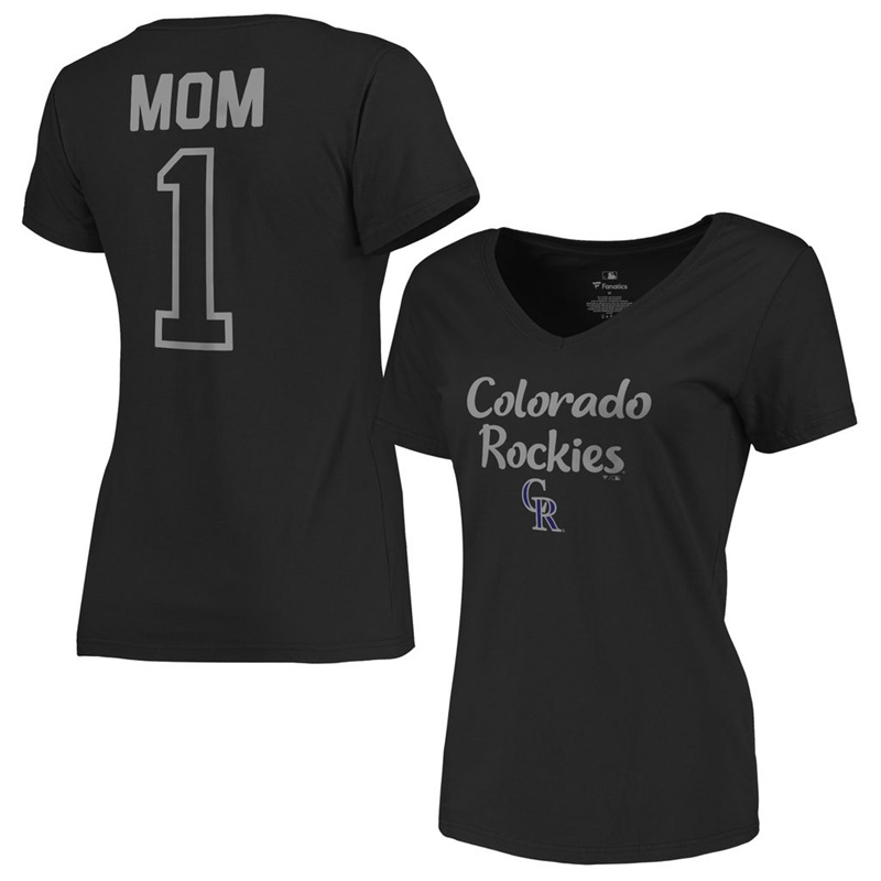 Women 2017 Mother's Day Colorado Rockies #1 Mom V-Neck Black T-Shirt