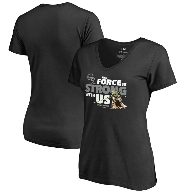 Women Colorado Rockies Star Wars Jedi Strong V-Neck Slim Fit Black T-Shirt