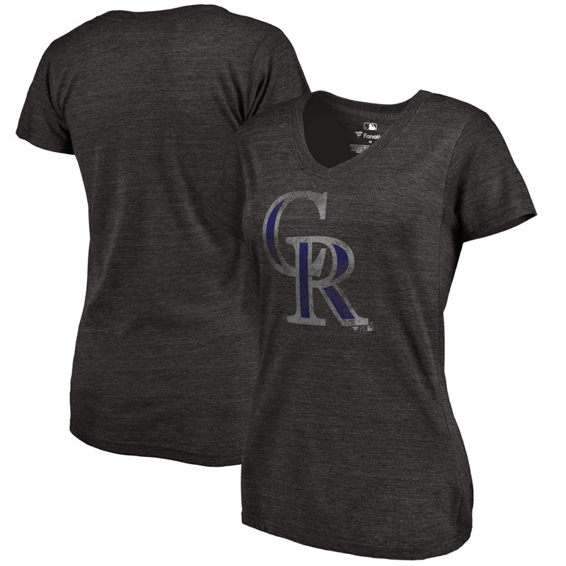 Women Colorado Rockies V-Neck Primary Distressed Team Black T-Shirt