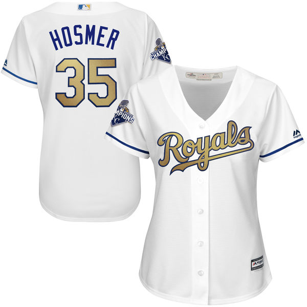 Women's Eric Hosmer #35 Kansas City Royals Majestic White World Series Champions Gold Program Cool Base Player Jersey