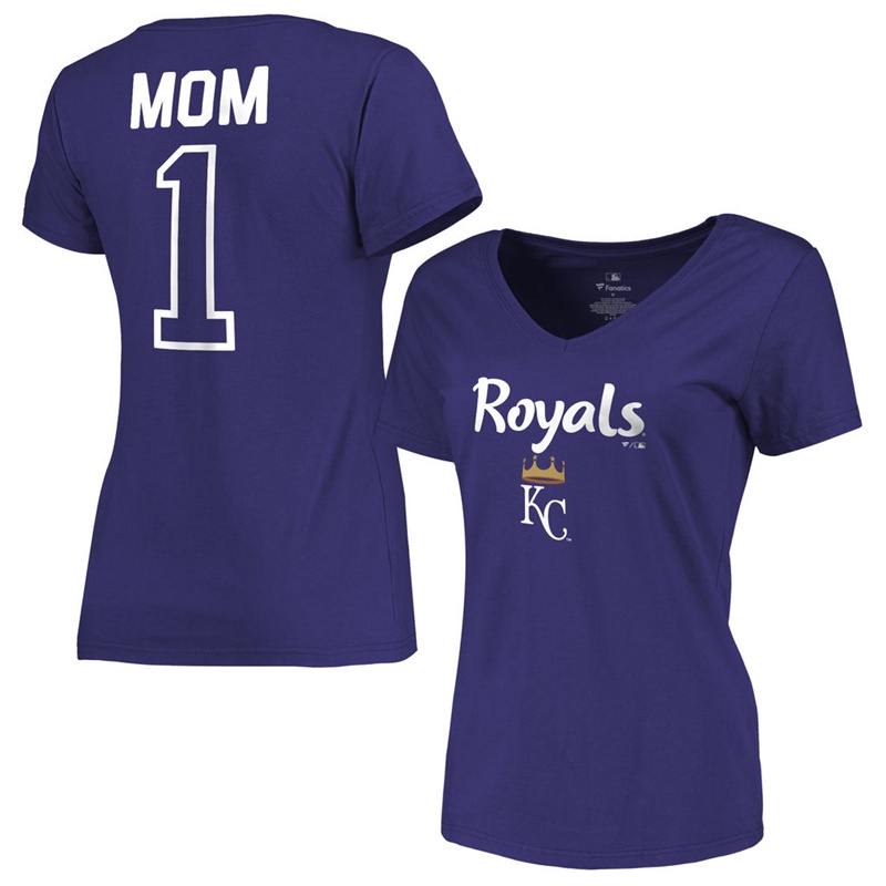 Women 2017 Mother's Day Kansas City Royals #1 Mom V-Neck Royal T-Shirt