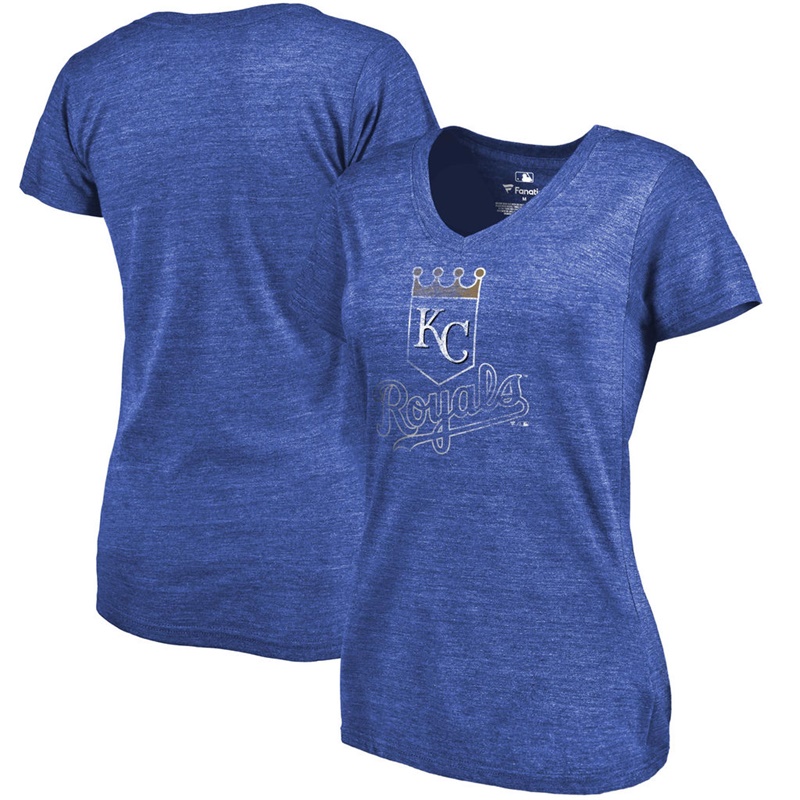 Women Kansas City Royals V-Neck Primary Distressed Team Royal T-Shirt