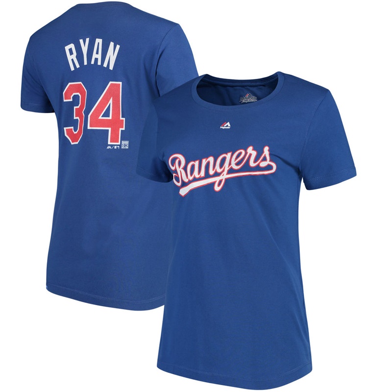 Women Texas Rangers Nolan Ryan #34 Royal Cooperstown Collection Name & Number T-Shirt