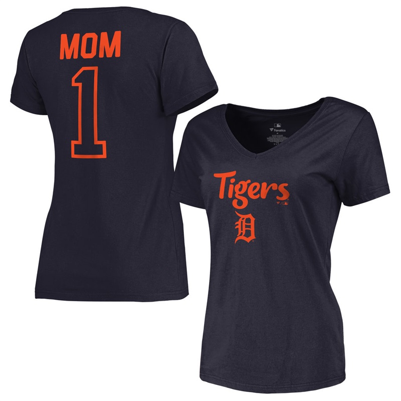 Women 2017 Mother's Day Detroit Tigers #1 Mom V-Neck Navy T-Shirt