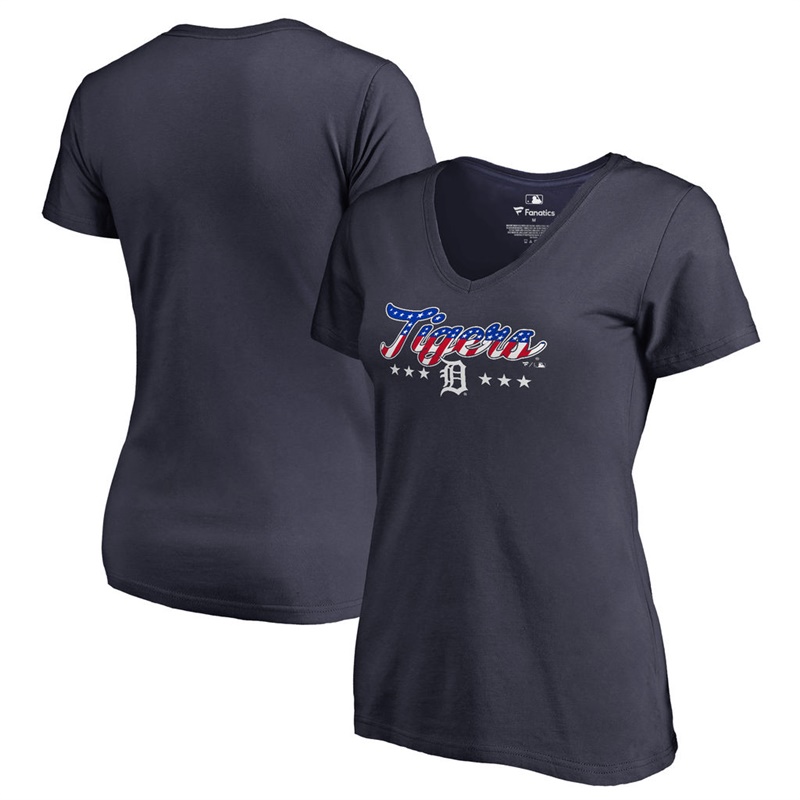 Women Detroit Tigers Navy Spangled Script T-Shirt