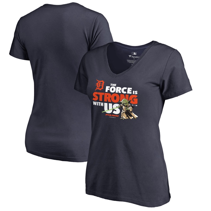 Women Detroit Tigers Star Wars Jedi Strong V-Neck Slim Fit Navy T-Shirt