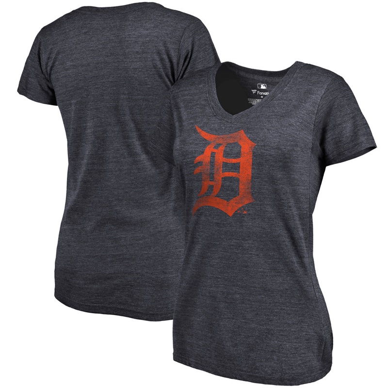 Women Detroit Tigers V-Neck Primary Distressed Team Navy T-Shirt