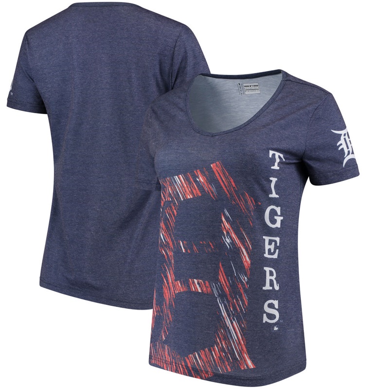 Women Detroit Tigers V-Neck Static Rain Navy T-Shirt