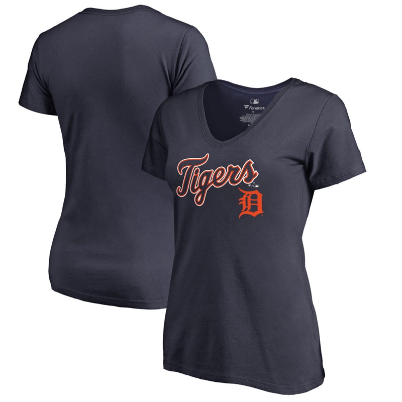 Women Detroit Tigers V-Neck Team Lockup Navy T-Shirt