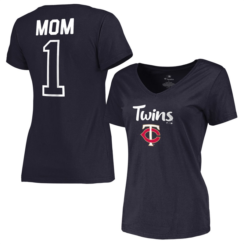 Women 2017 Mother's Day Minnesota Twins #1 Mom V-Neck Navy T-Shirt