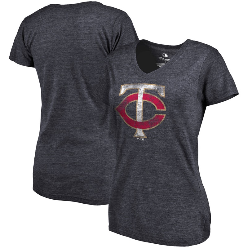 Women Minnesota Twins V-Neck Primary Distressed Team Navy T-Shirt