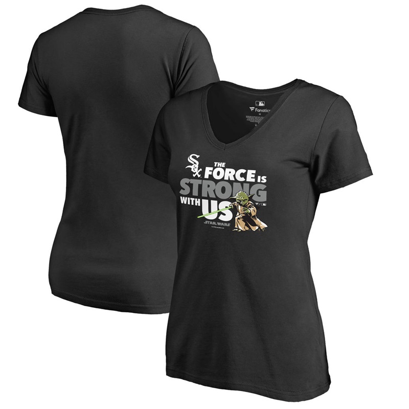 Women Chicago White Sox Star Wars Jedi Strong V-Neck Slim Fit Black T-Shirt