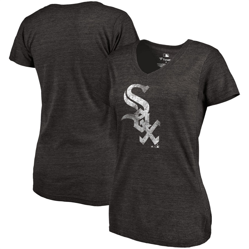 Women Chicago White Sox V-Neck Primary Distressed Team Black T-Shirt