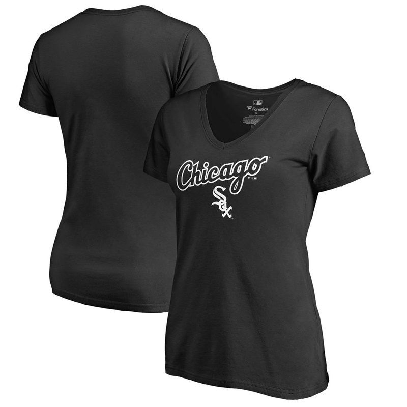 Women Chicago White Sox V-Neck Team Lockup Black T-Shirt