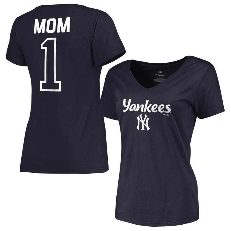 Women 2017 Mother's Day New York Yankees #1 Mom V-Neck Navy T-Shirt