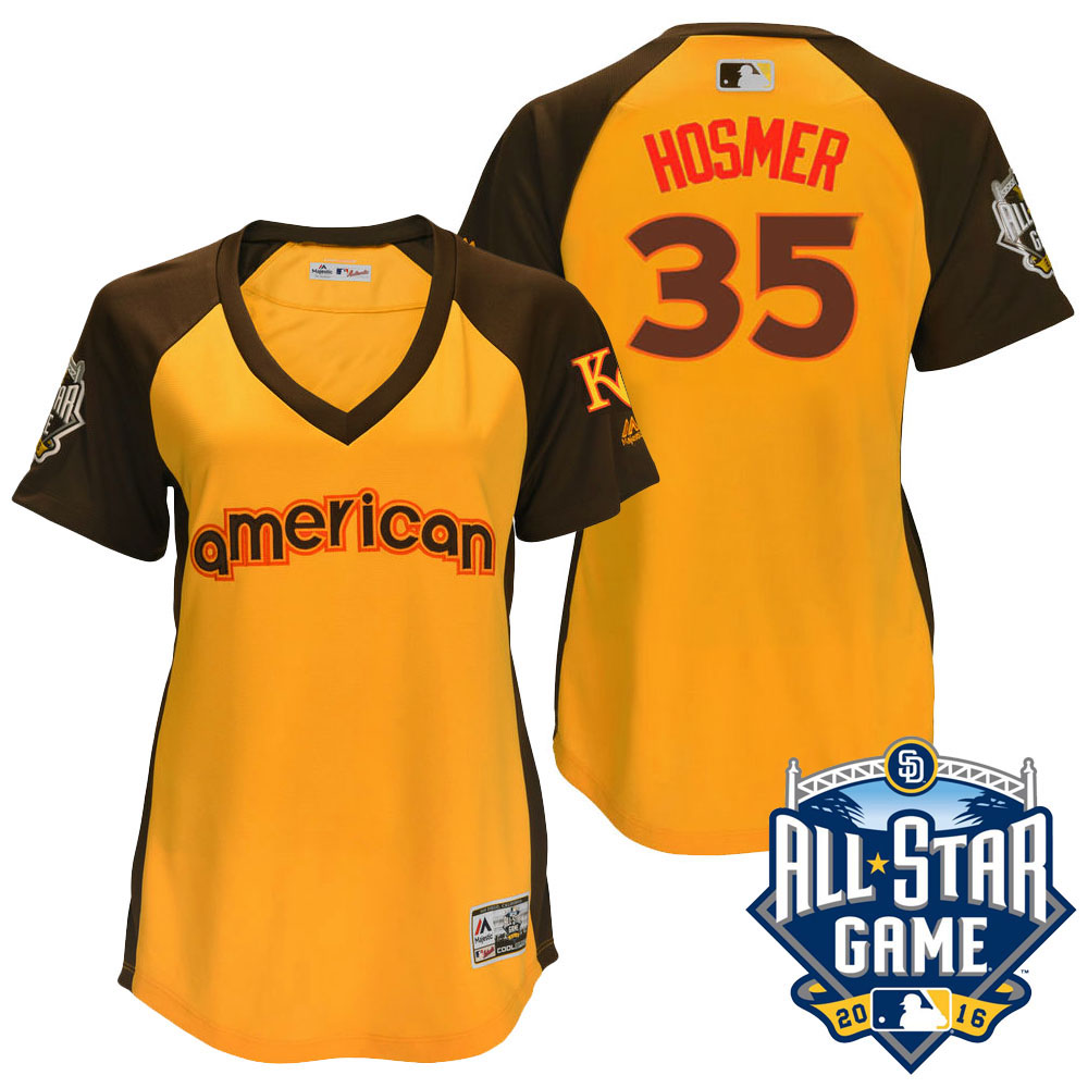 Women's 2016 MLB All-Star American Kansas City Royals #35 Eric Hosmer Gold Home Run Derby Cool Base Jersey