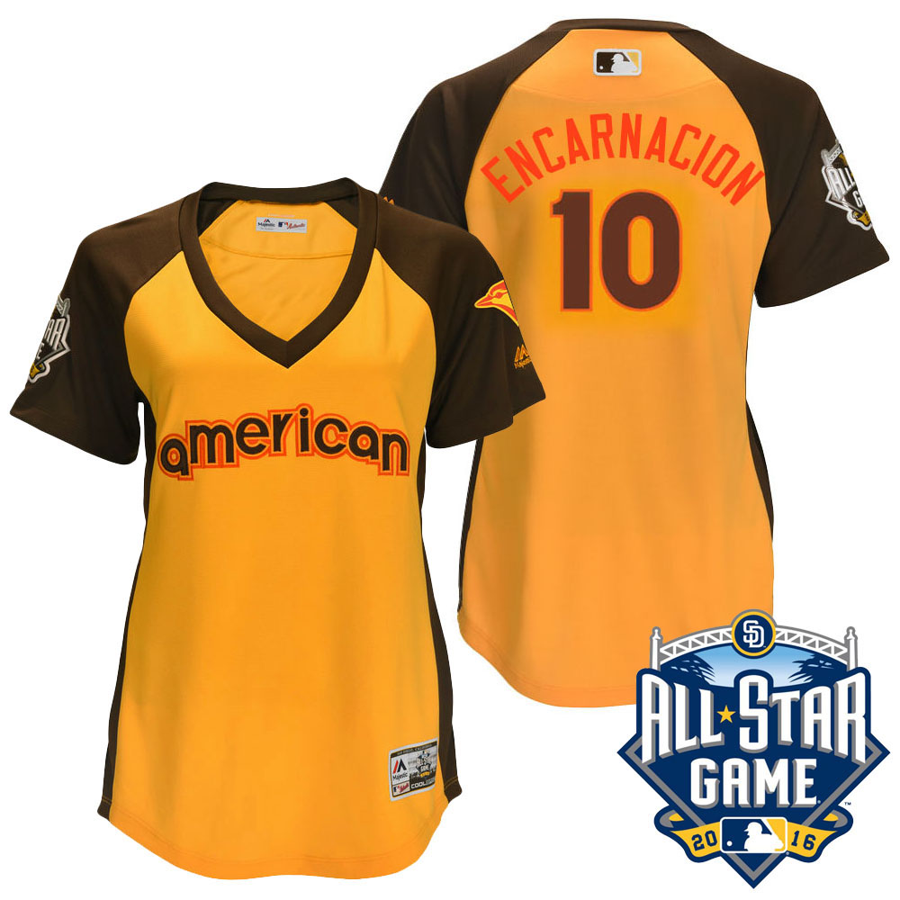 Women's 2016 MLB All-Star American Toronto Blue Jays #10 Edwin Encarnacion Gold Home Run Derby Cool Base Jersey