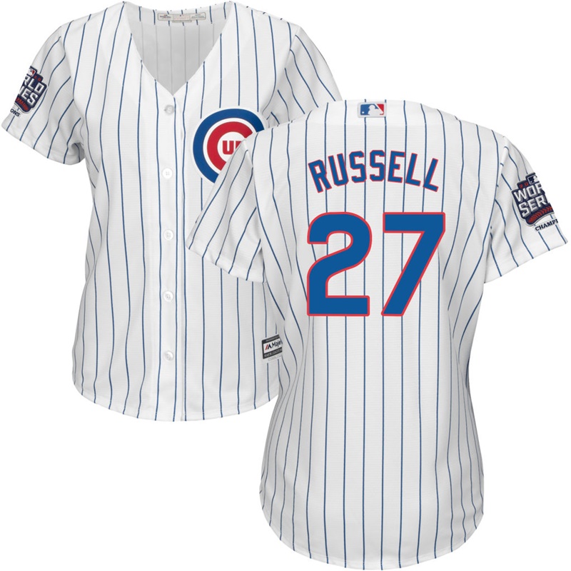 Womens Chicago Cubs Addison Russell #27 White 2016 World Series Champions Patch Cool Base Jersey