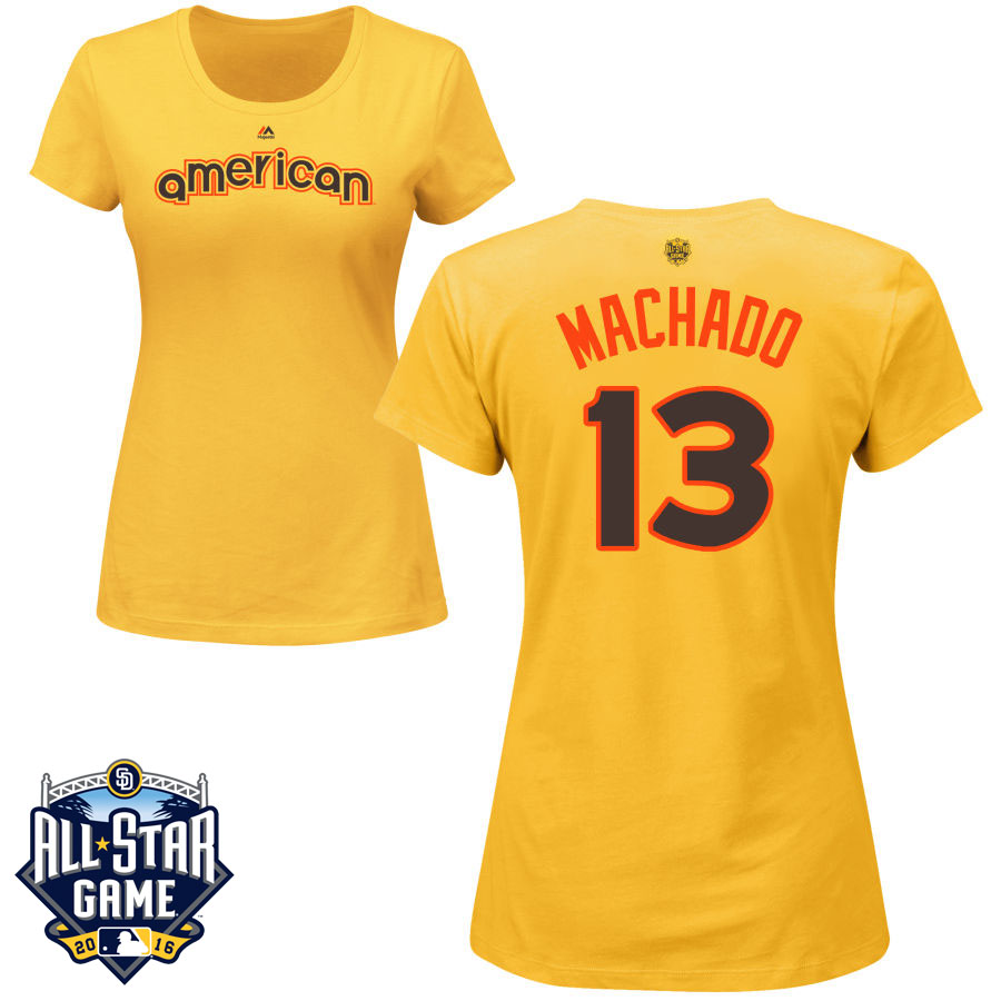 Women's Baltimore Orioles Manny Machado #13 Yellow 2016 MLB All-Star Game American League Name & Number T-Shirt