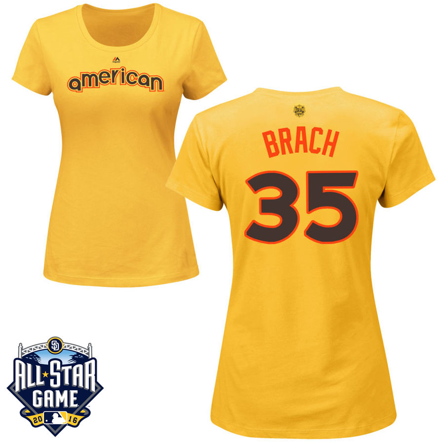 Women's Baltimore Orioles Brad Brach #35 Yellow 2016 MLB All-Star Game American League Name & Number T-Shirt