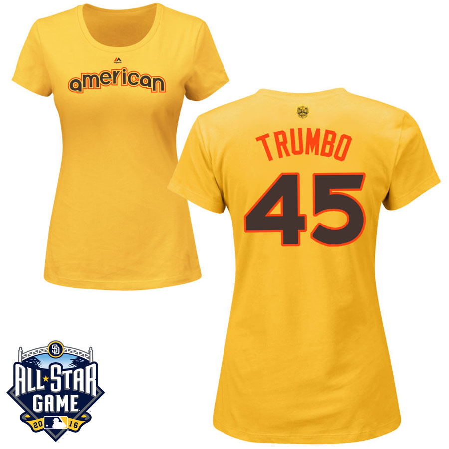 Women's Baltimore Orioles Mark Trumbo #45 Yellow 2016 MLB All-Star Game American League Name & Number T-Shirt