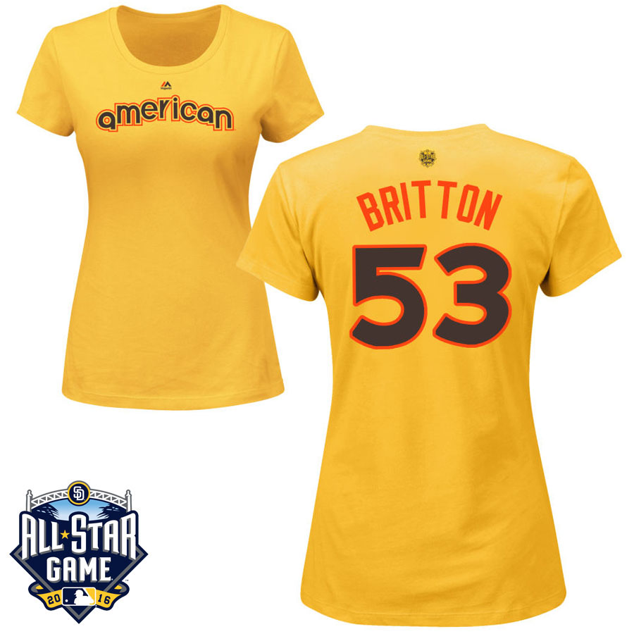 Women's Baltimore Orioles Zach Britton #53 Yellow 2016 MLB All-Star Game American League Name & Number T-Shirt