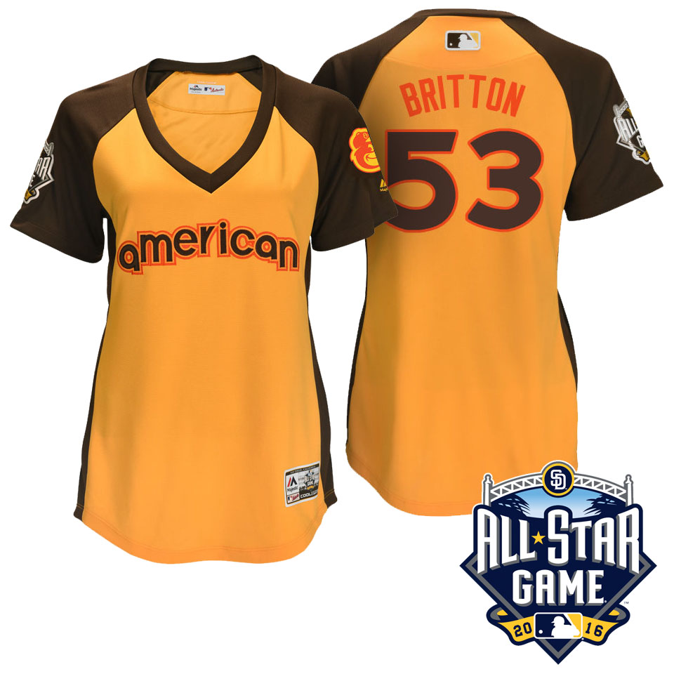 Women's 2016 MLB All-Star American Baltimore Orioles Zach Britton #53 Yellow Home Run Derby Cool Base Jersey