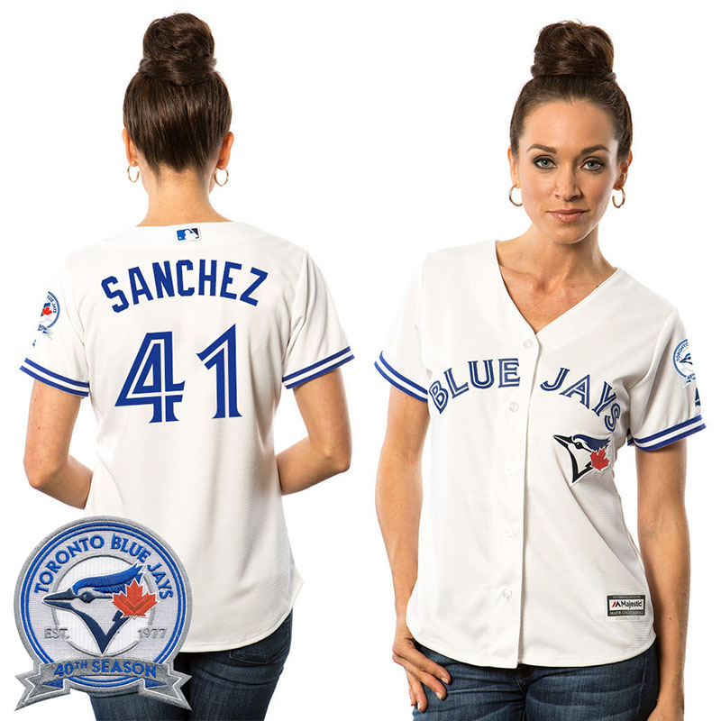 Women's Toronto Blue Jays Aaron Sanchez #41 White Home 40th Anniversary Patch Cool Base Jersey