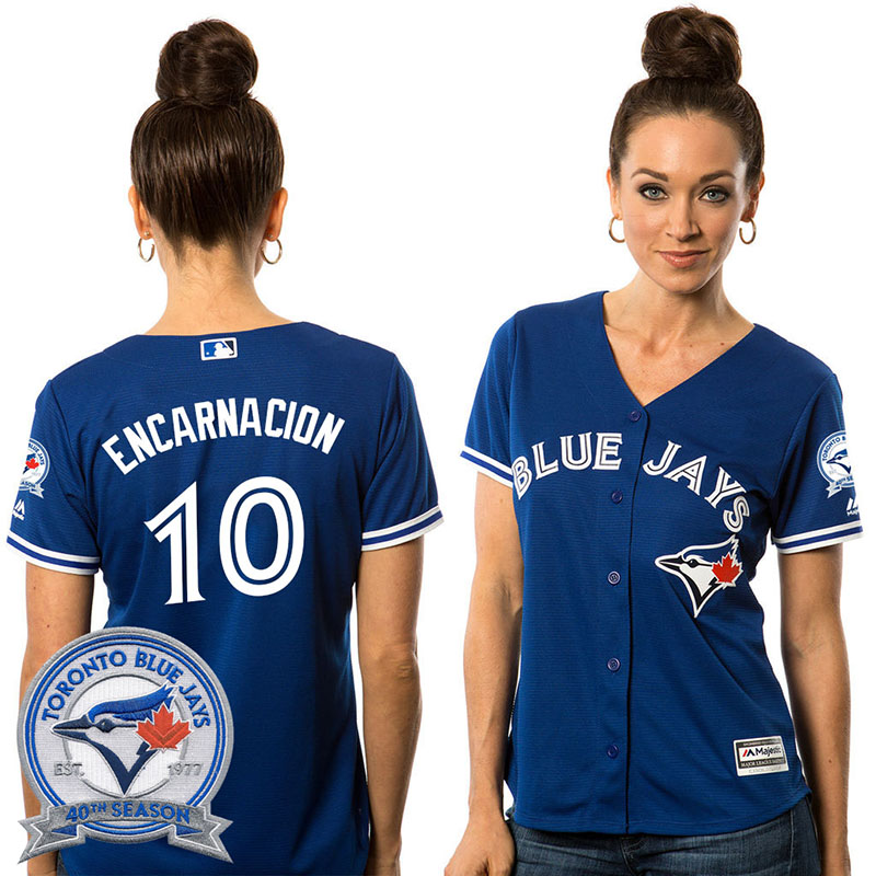 Women's Toronto Blue Jays Edwin Encarnacion #10 Royal Alternate 40th Anniversary Patch Cool Base Jersey