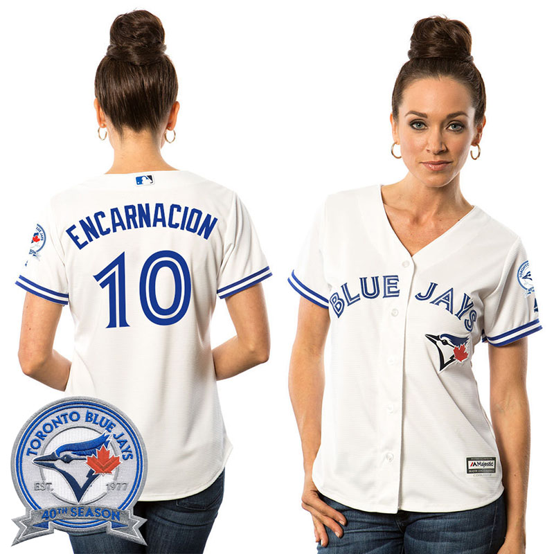 Women's Toronto Blue Jays Edwin Encarnacion #10 White Home 40th Anniversary Patch Cool Base Jersey