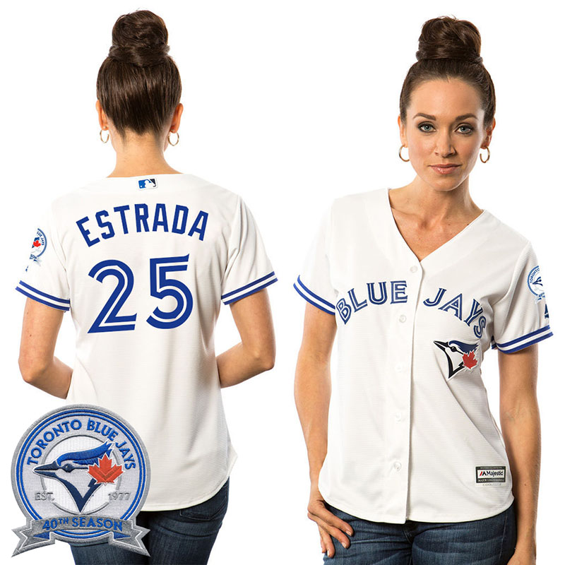 Women's Toronto Blue Jays Marco Estrada #25 White Home 40th Anniversary Patch Cool Base Jersey