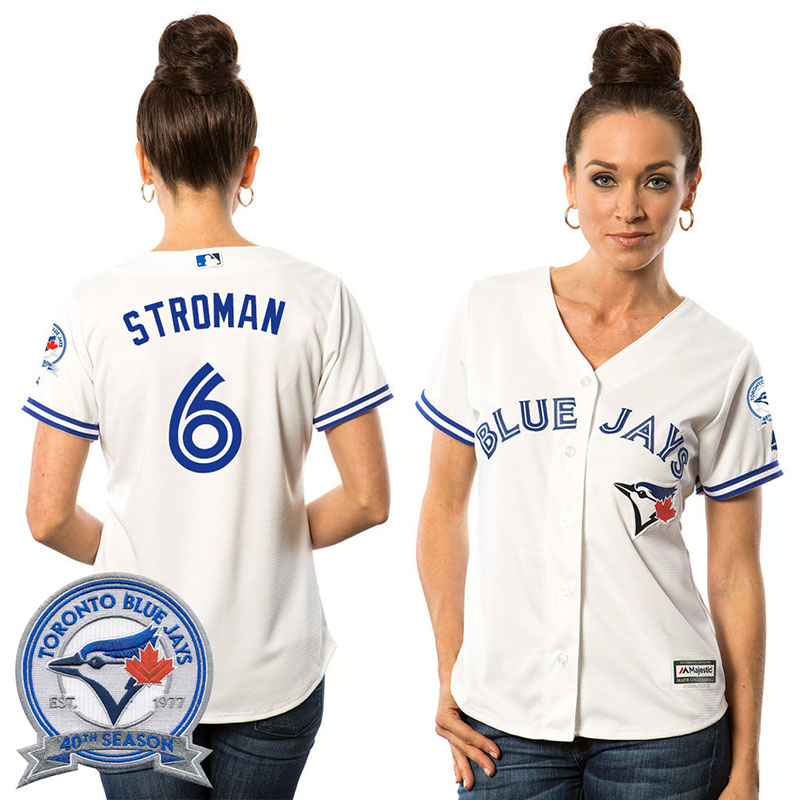 Women's Toronto Blue Jays Marcus Stroman #6 White Home 40th Anniversary Patch Cool Base Jersey