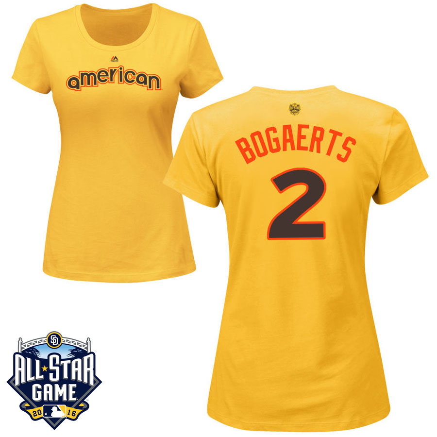 Women's Boston Red Sox Xander Bogaerts #2 Yellow 2016 MLB All-Star Game American League Name & Number T-Shirt