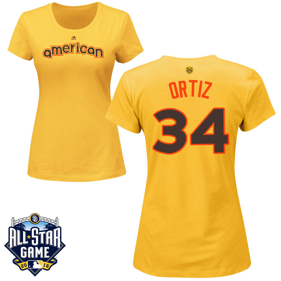 Women's Boston Red Sox David Ortiz #34 Yellow 2016 MLB All-Star Game American League Name & Number T-Shirt