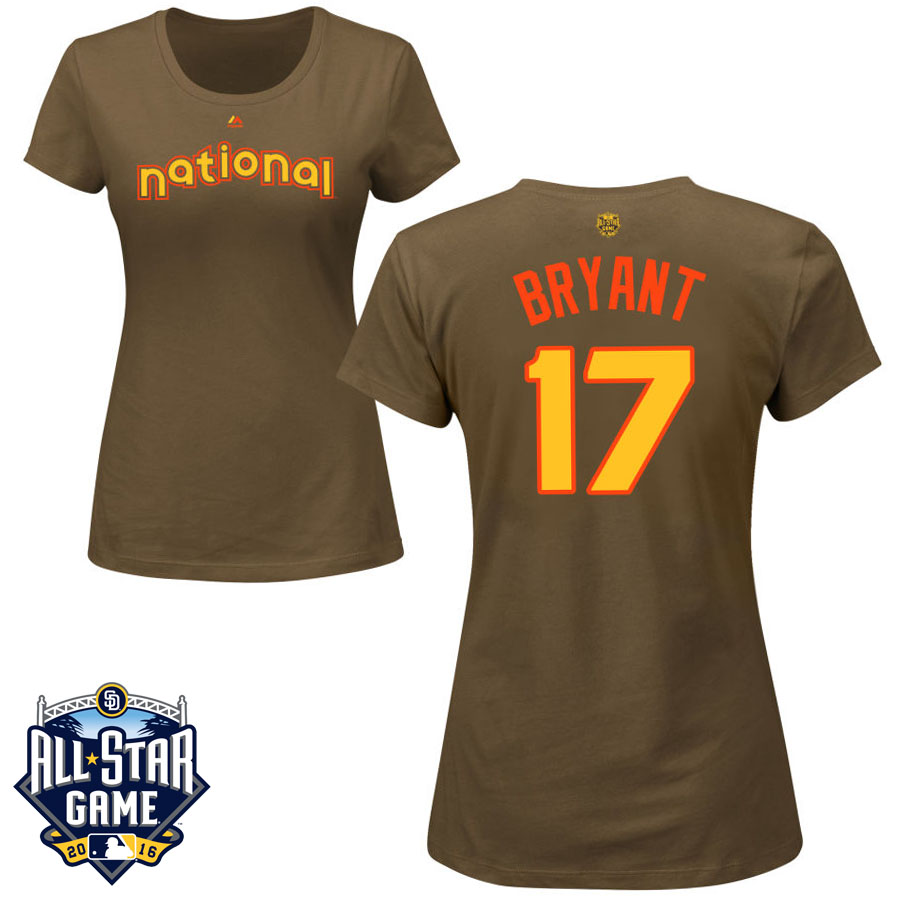 Women's Chicago Cubs Kris Bryant #17 Brown 2016 MLB All-Star Game National League Name & Number T-Shirt