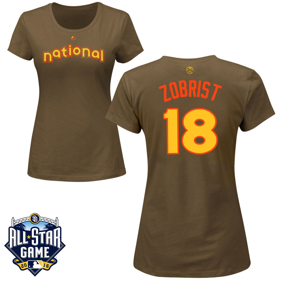 Women's Chicago Cubs Ben Zobrist #18 Brown 2016 MLB All-Star Game National League Name & Number T-Shirt