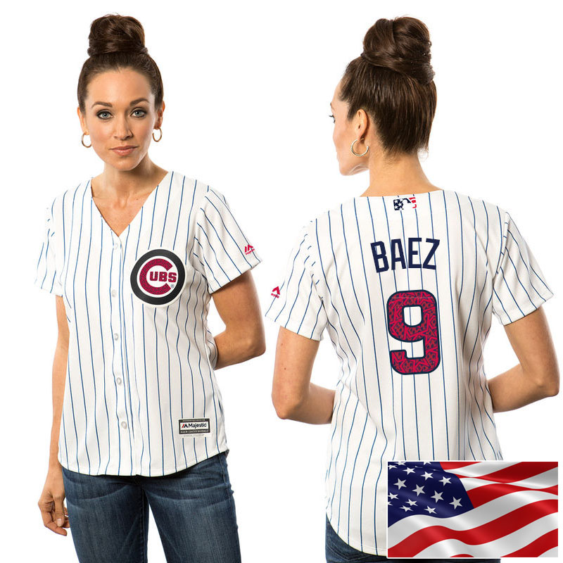 Women's Chicago Cubs Javier Baez #9 White 2016 Independence Day Stars & Stripes Cool Base Jersey