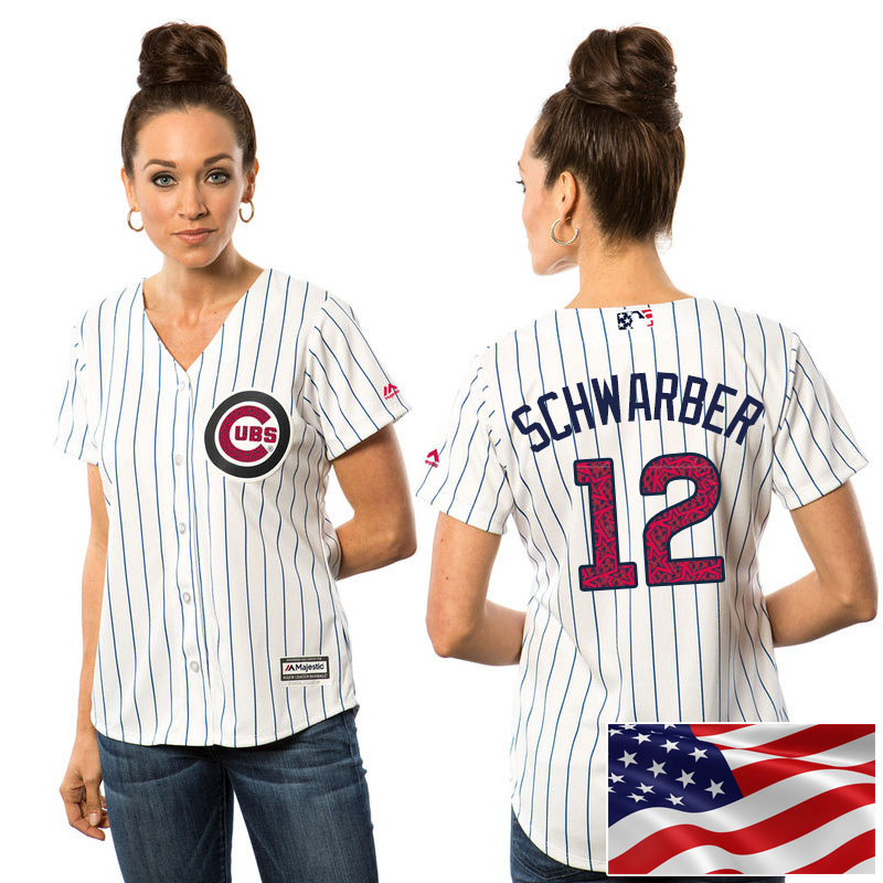 Women's Chicago Cubs Kyle Schwarber #12 White 2016 Independence Day Stars & Stripes Cool Base Jersey