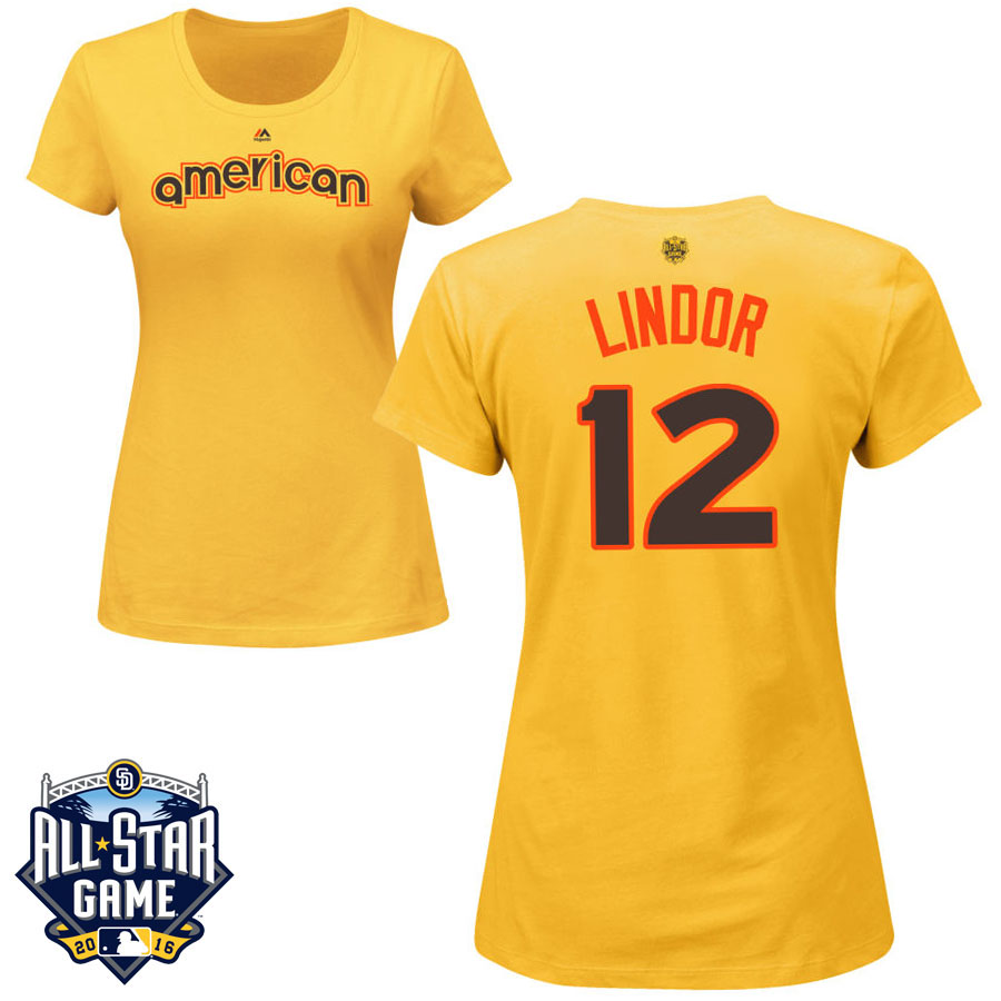 Women's Cleveland Indians Francisco Lindor #12 Yellow 2016 MLB All-Star Game American League Name & Number T-Shirt