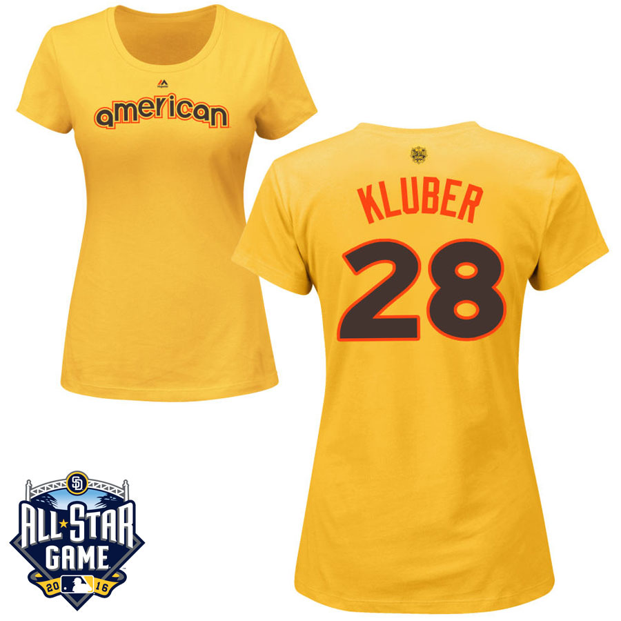 Women's Cleveland Indians Corey Kluber #28 Yellow 2016 MLB All-Star Game American League Name & Number T-Shirt