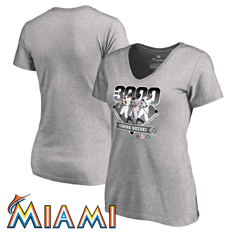 Women's Ichiro Suzuki #51 Miami Marlins Heather Gray 3000 Hits Short Sleeve T-Shirt