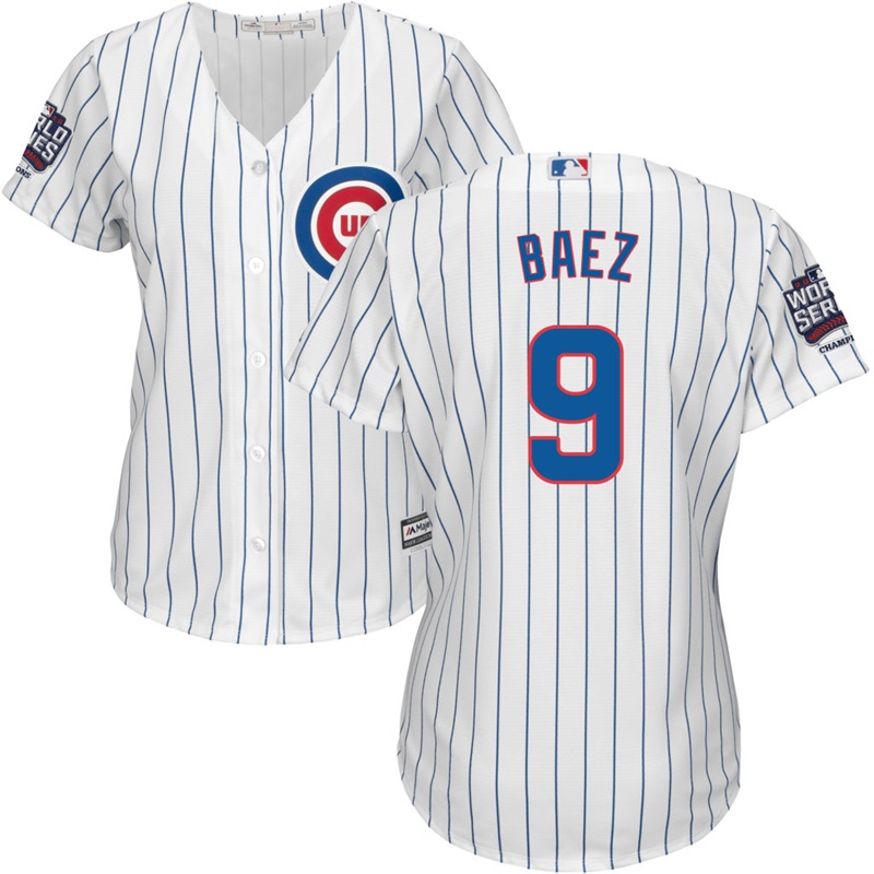 Womens Chicago Cubs Javier Baez #9 White 2016 World Series Champions Patch Cool Base Jersey