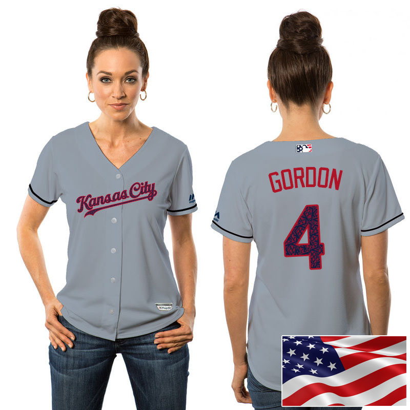 Women's Kansas City Royals Alex Gordon #4 Gray 2016 Independence Day Stars & Stripes Cool Base Jersey