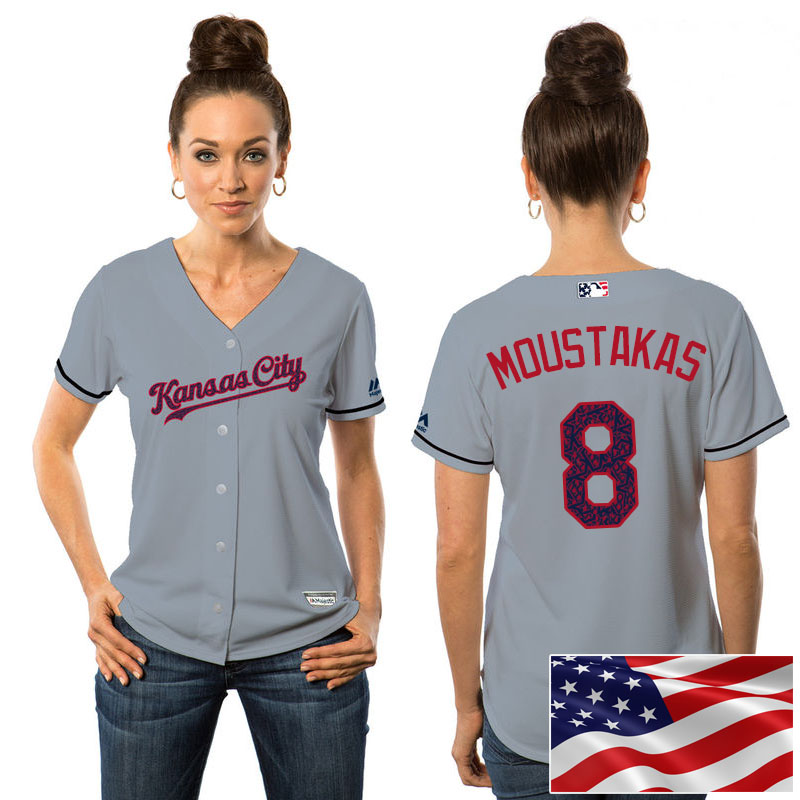 Women's Kansas City Royals Mike Moustakas #8 Gray 2016 Independence Day Stars & Stripes Cool Base Jersey