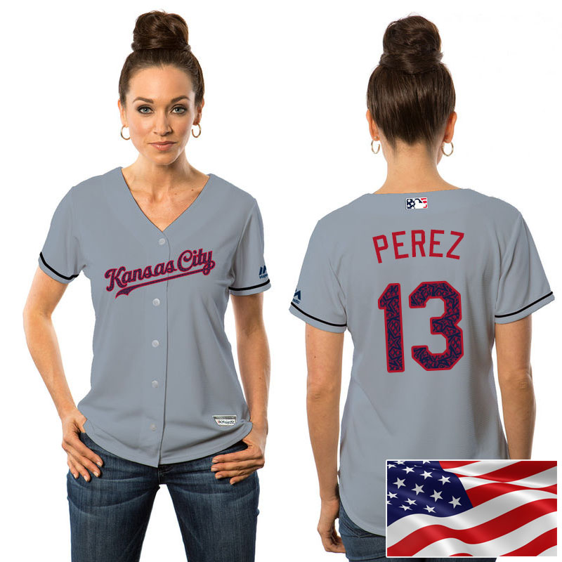 Women's Kansas City Royals Salvador Perez #13 Gray 2016 Independence Day Stars & Stripes Cool Base Jersey