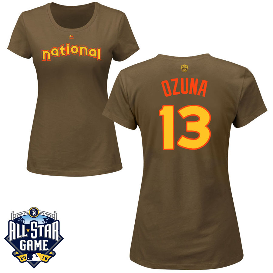 Women's Miami Marlins Marcell Ozuna #13 Brown 2016 MLB All-Star Game National League Name & Number T-Shirt