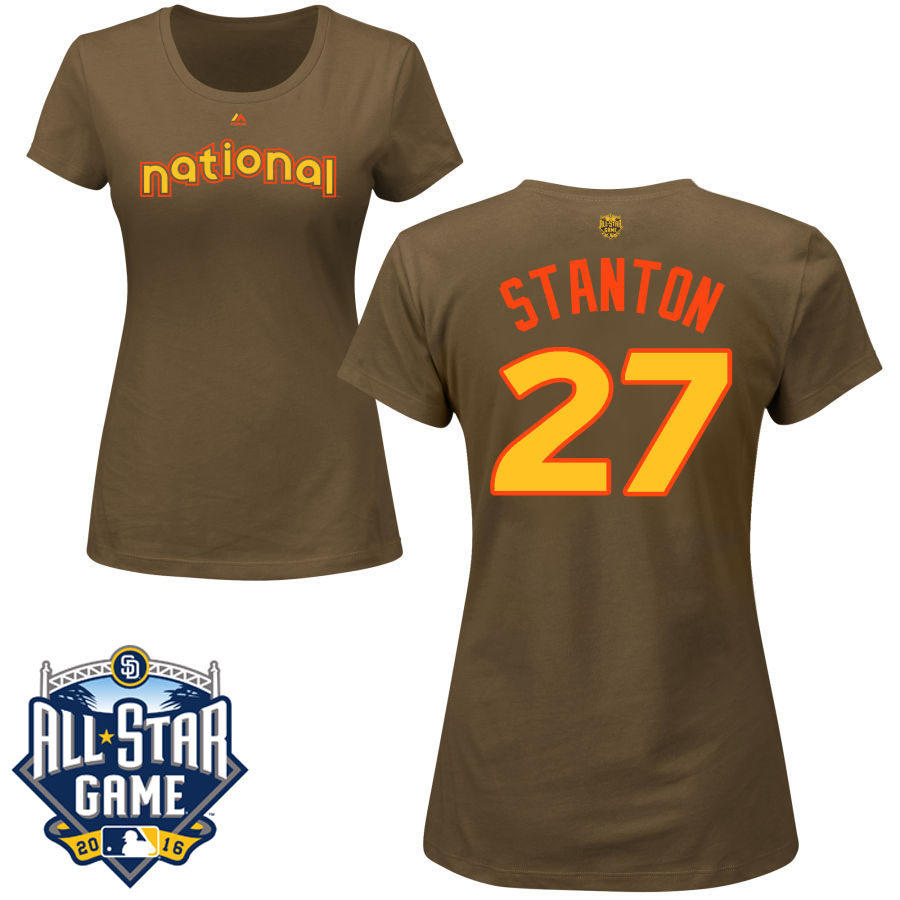 Women's Miami Marlins Giancarlo Stanton #27 Brown 2016 MLB All-Star Game National League Name & Number T-Shirt